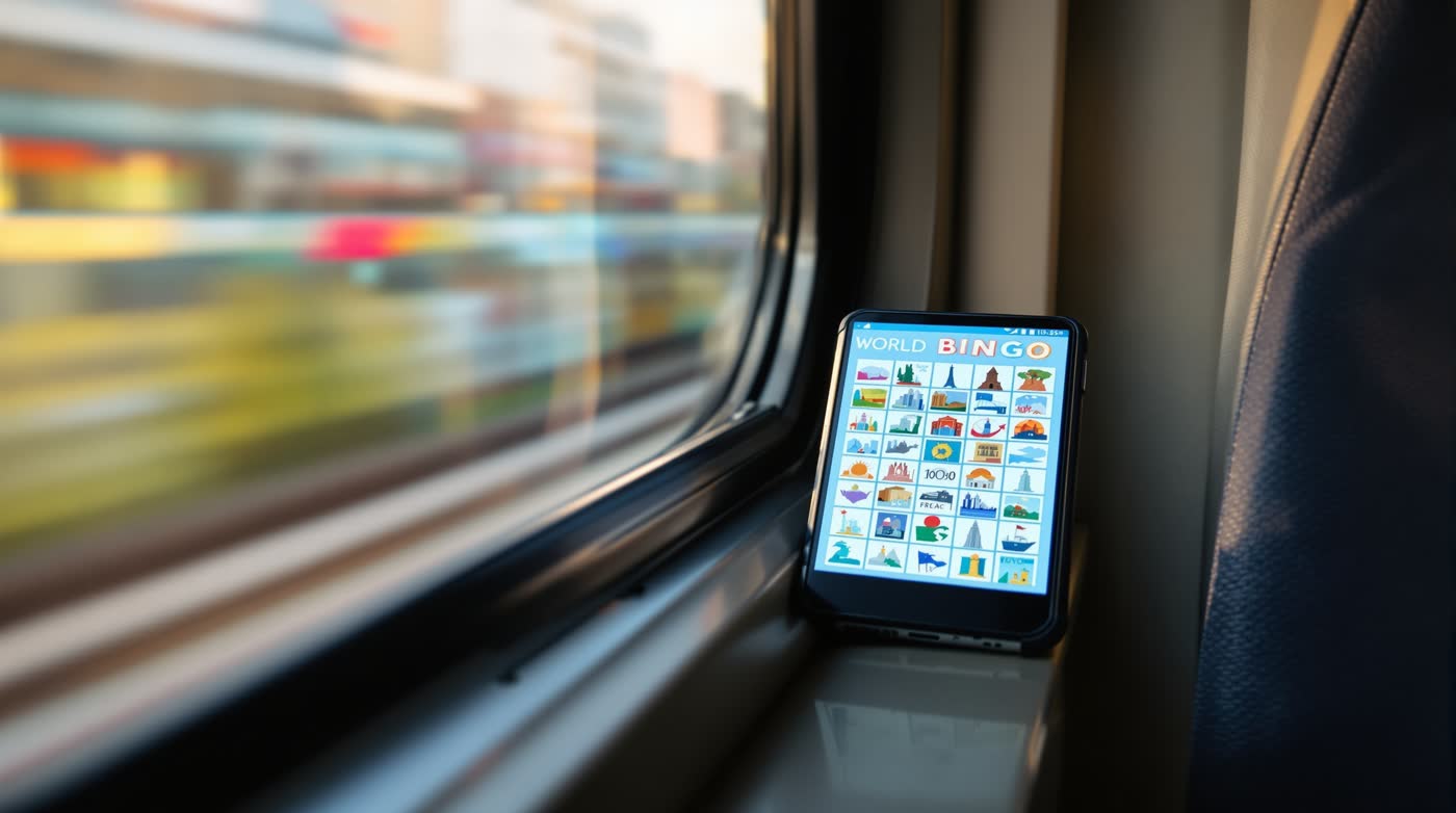 車窓の光の中、世界の名所が並ぶビンゴ画面が表示されたスマートフォン